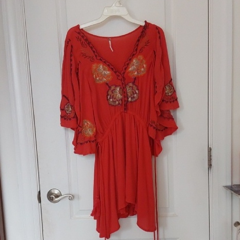 FREE PEOPLE Redish Orange  Asymmetrical Sundress/Blouse With 3/4 Bell Sleeves